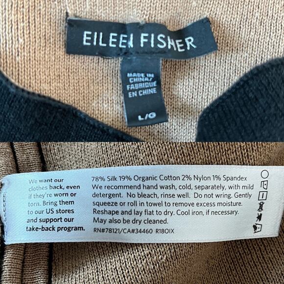 Eileen Fisher Sweater Large Silk Blend Black Beige Contrast Sleeve - Picture 8 of 15